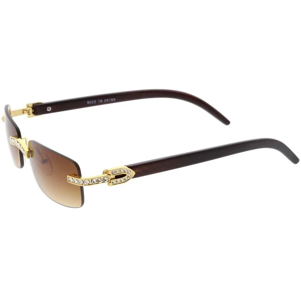 Rimless Sunglasses Gold Rhinestone Wood Arms Brown Lens Men Hip Hop Square Style